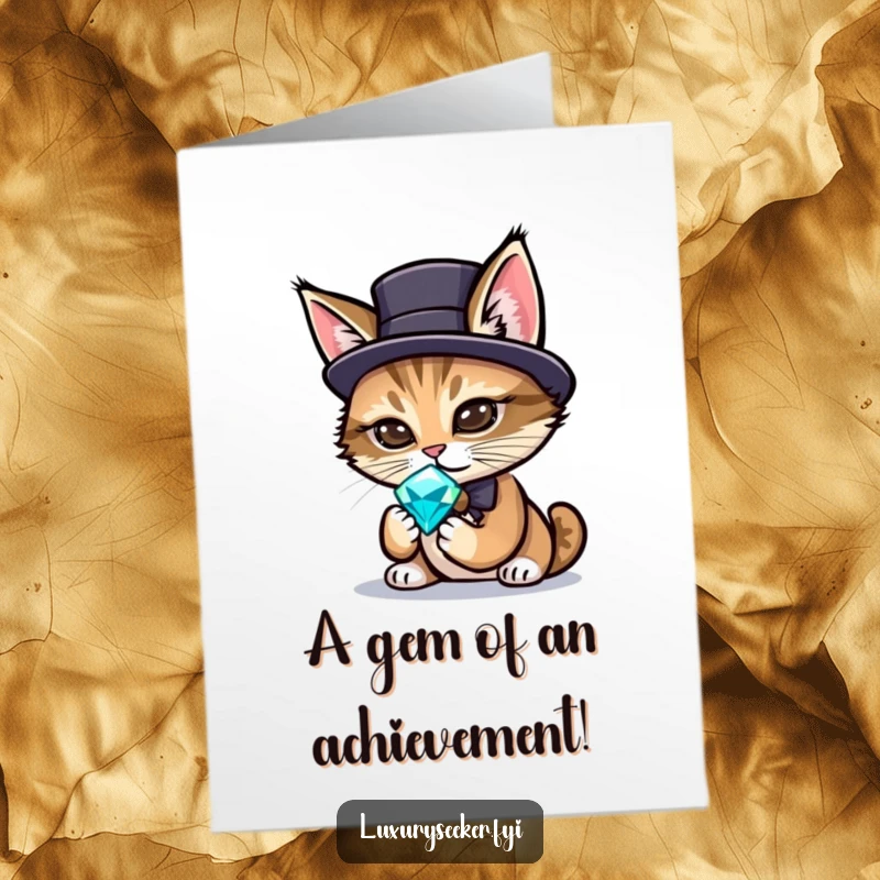 Funny Free Printable Congratulations Card with a sophisticated cat in a top hat admiring a jewel.