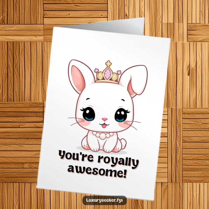 Cute Free Printable Congratulations Card: Adorable bunny character adorned with a sparkling tiara and pearl necklace, looking regal.
