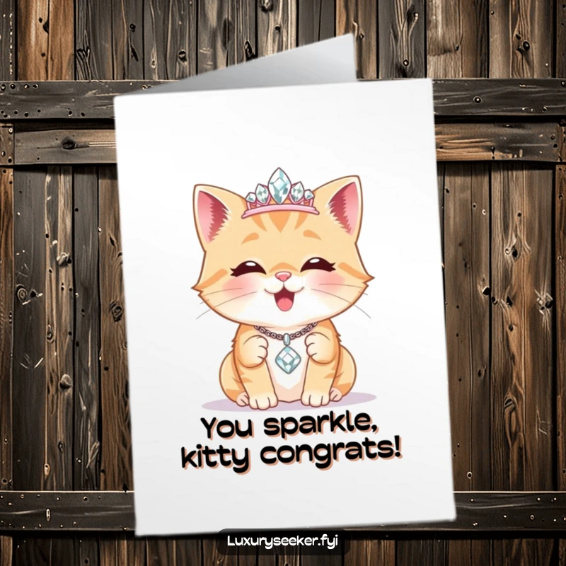 Funny Free Printable Congrats Card: Delighted cat sports a diamond tiara, admiring a sparkling necklace, a symbol of ultimate achievement.