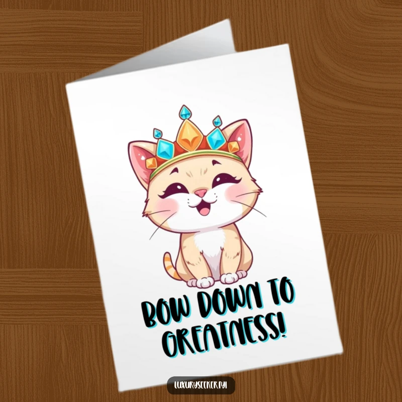 Funny Free Printable Congratulations Card: Happy cat attempts to wear a giant jeweled crown. Downloadable art.