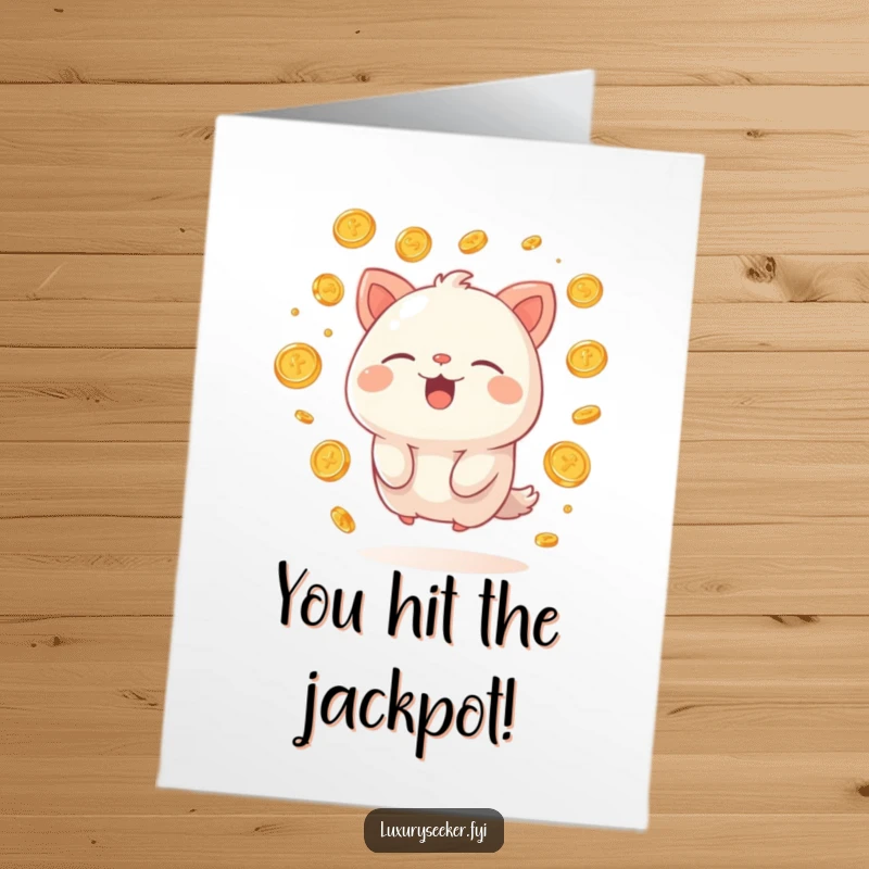 Funny Free Printable Congratulations Card: Happy creature sighing with pure contentment amidst a cascade of golden coins.