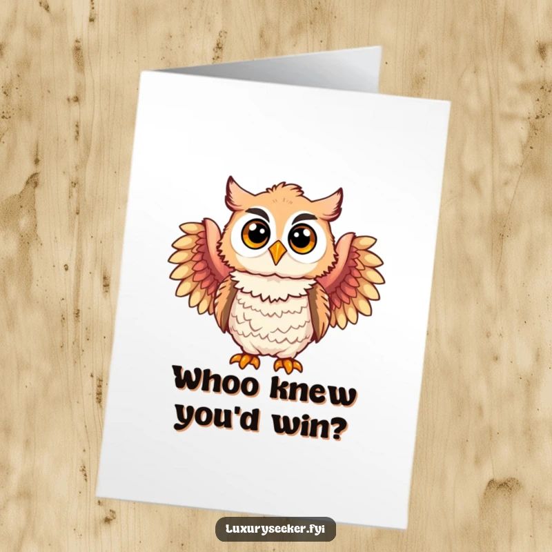 Funny Free Printable Congratulations Card: Joyful owl character wearing luxurious feathered boas, celebrating achievements with style.