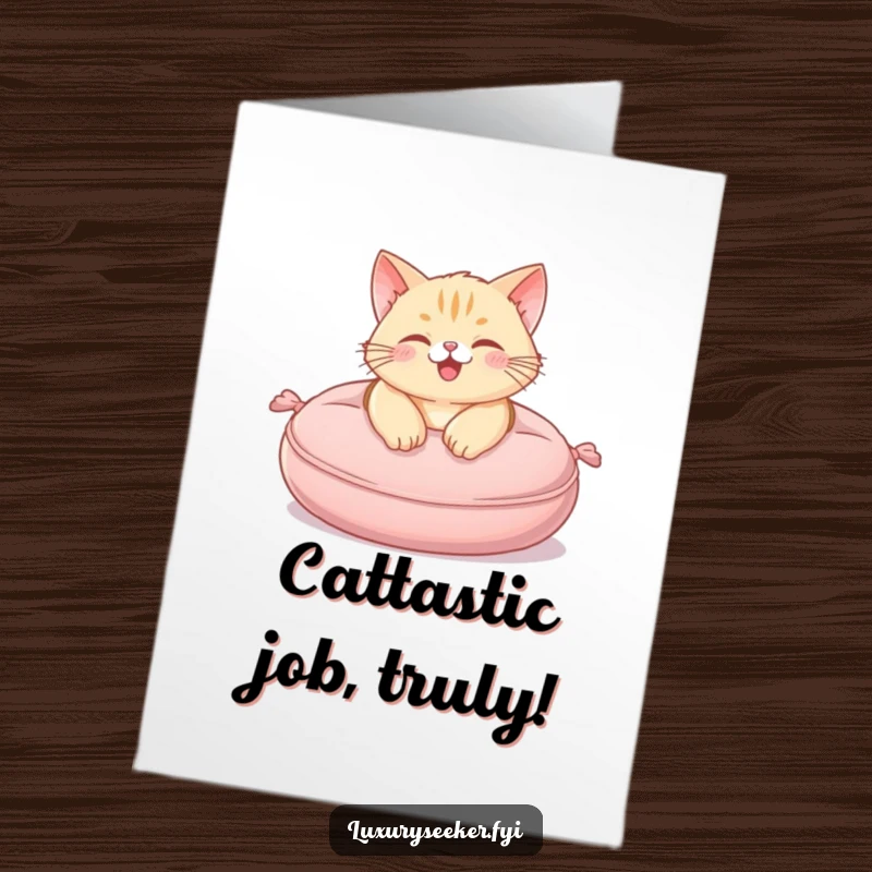 Funny Free Printable Congrats Card: Happy cat lounging on a plush velvet cushion, celebrating your success in style.