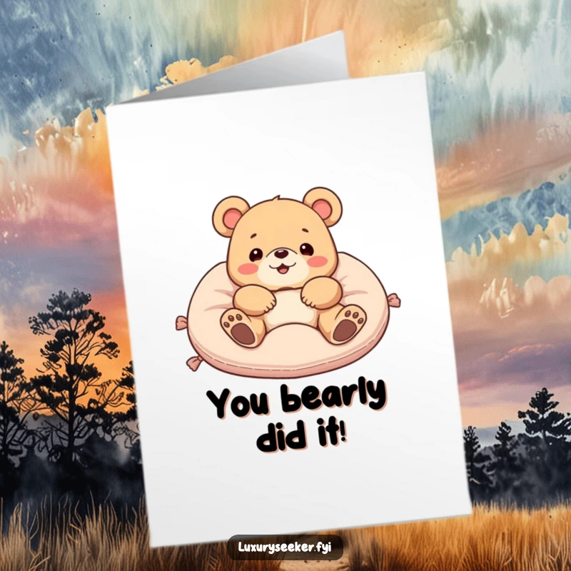 Funny Free Printable Congratulations Card: A very delighted bear relaxed on a plush velvet cushion, celebrating success.