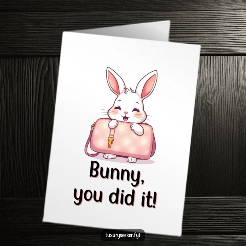 Funny Free Printable Congrats Card: Delighted rabbit finds a shimmering oversized handbag, celebrating your success fabulously.