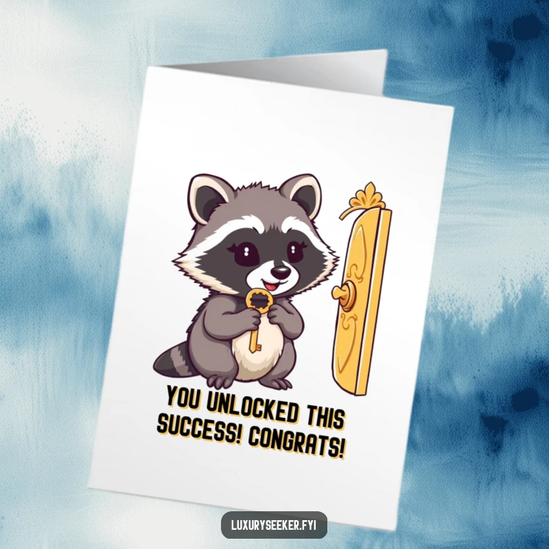 Free Printable Congratulations Card: Content raccoon holding a key, looking through a tiny golden door, symbolizing new opportunities.