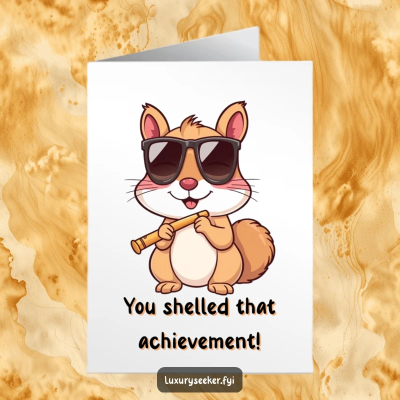 Funny Free Printable Congratulations Card: A sophisticated squirrel in sunglasses enjoys a celebratory drink from a tiny flute.