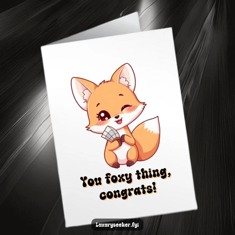 Funny Free Printable Congratulations Card with a sly fox playfully holding a fan and looking back.