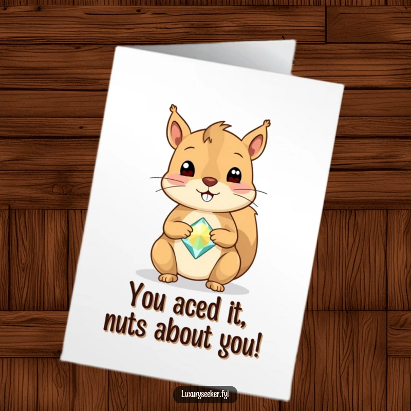 Free Printable Congratulations Card: A cheerful squirrel showing off its amazing talent, balancing a sparkling gemstone on its nose.
