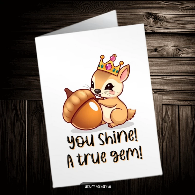 Funny Free Printable Congratulations Card: Squirrel wearing a crown admires itself in an acorn, symbolizing a royal DIY achievement.