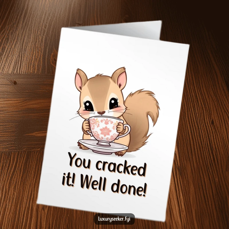 Funny Free Printable Congratulations Card: A curious squirrel holding a tiny, ornate teacup and saucer, celebrating gently.