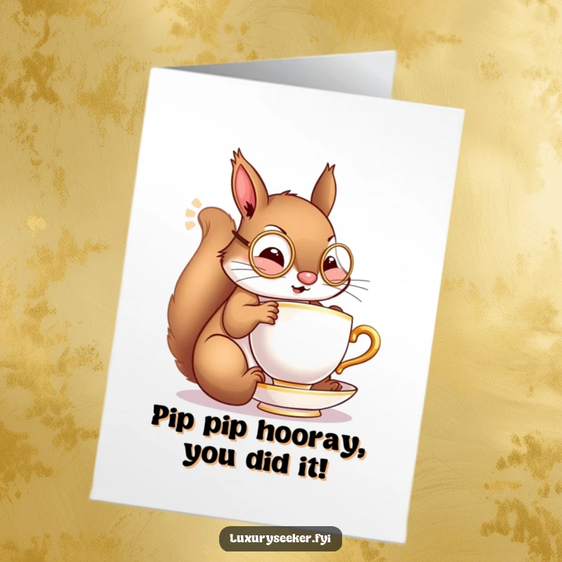 Funny Free Printable Congratulations Card: A cheerful squirrel in a monocle gracefully sipping from a miniature golden teacup.