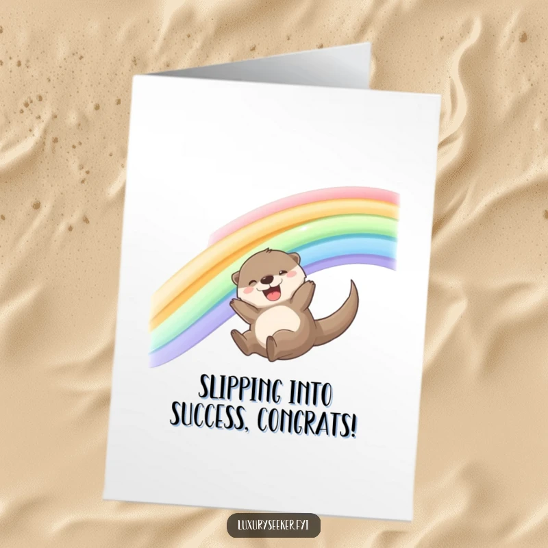 Funny Free Printable Congratulations Card: A happy otter joyfully sliding down a rainbow of shimmering silk ribbons, celebrating victory.