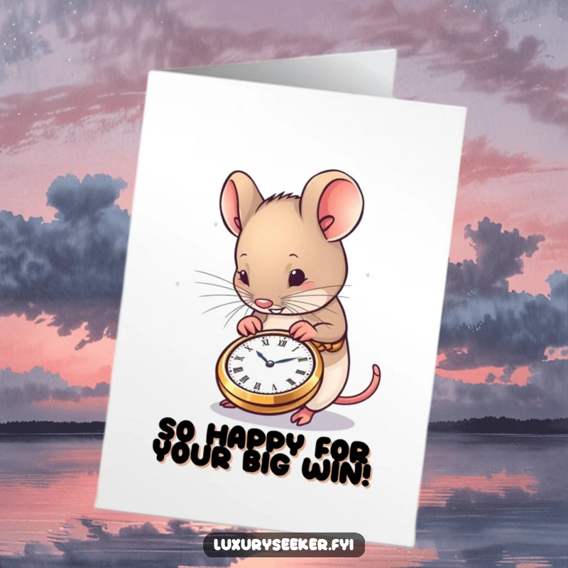 Funny Free Printable Congratulations Card: A happy mouse cherishing a minuscule, beautifully crafted pocket watch, marking a special moment.