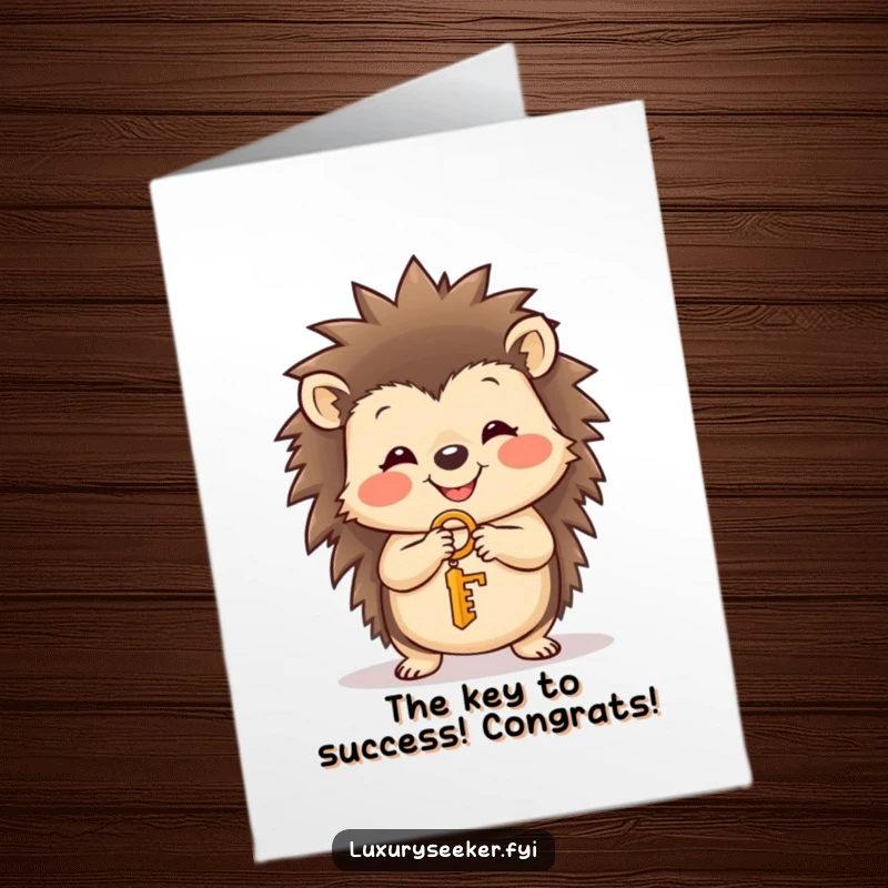 Funny Free Printable Congratulations Card showing a joyful hedgehog clutching a tiny golden key, representing the key to their amazing accomplishments.