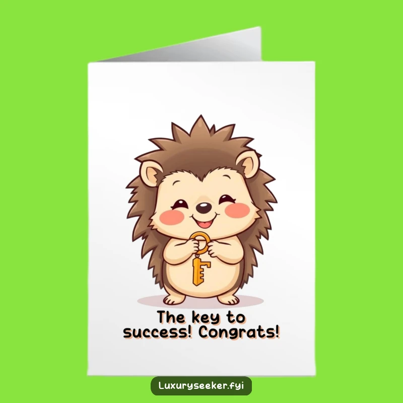 Free Printable Congrats Card: Hedgehog Unlocks Success with Golden Key, Funny Downloadable Art