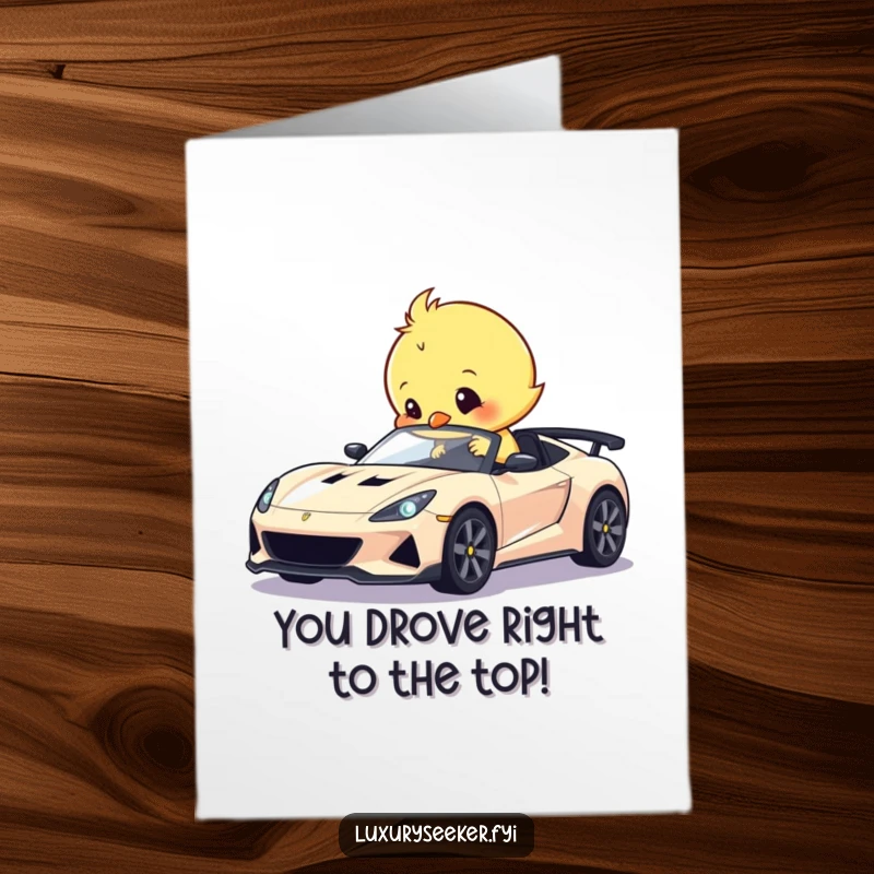 Funny Free Printable Congratulations Card: An adorable chick proudly polishing a small, gleaming sports car.