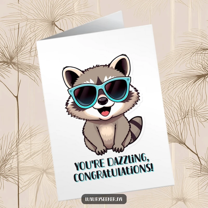 Free Printable Congratulations Card: A cool raccoon in oversized diamond sunglasses celebrating with pure delight, perfect for any win.