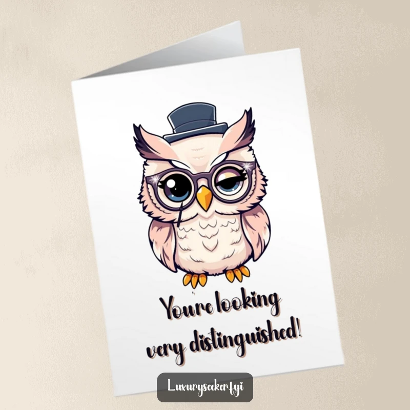 Funny Free Printable Congrats Card: Owl wearing a sparkly monocle and top hat winks, signifying congratulations.