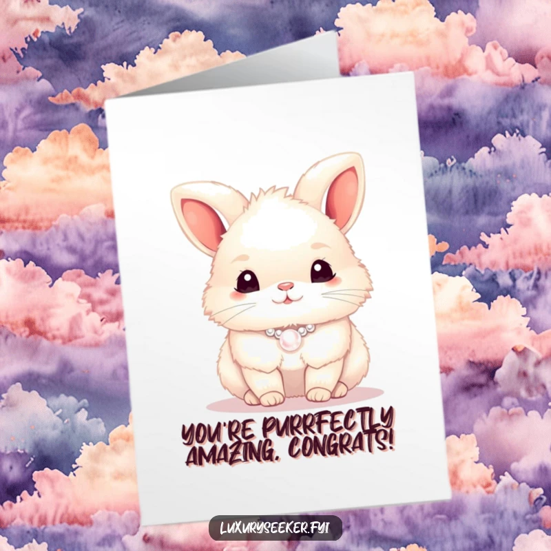 Funny Free Printable Congratulations Card with a fluffy bunny sporting a pearl necklace, celebrating good news with style.