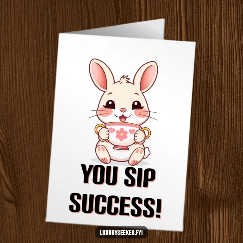 Funny Free Printable Congratulations Card: Delighted rabbit sips from a tiny, ornate teacup. Downloadable art.