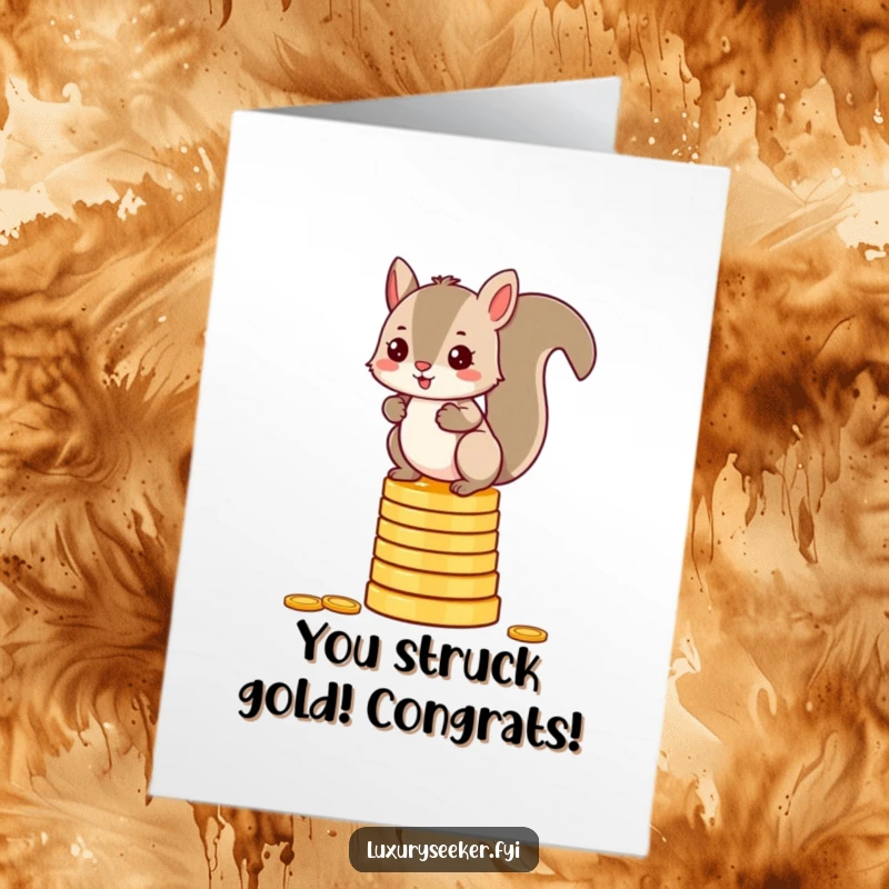 Funny free printable congratulations card: a mischievous squirrel triumphantly balancing on a tall stack of glittering gold coins, celebrating success.