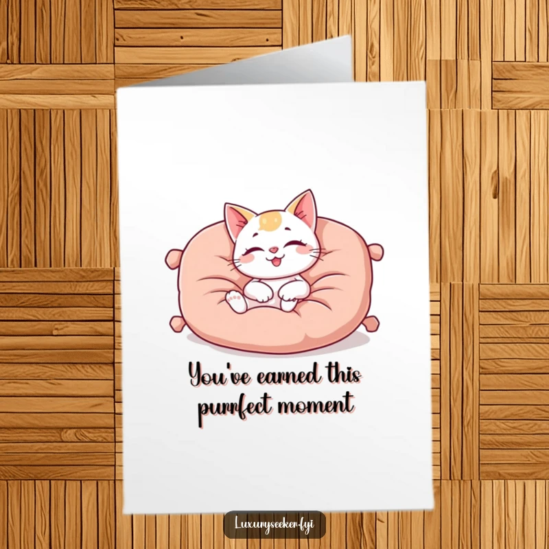 Cute Free Printable Congratulations Card: Happy cat character enjoying ultimate comfort while lounging on a plush velvet cushion.