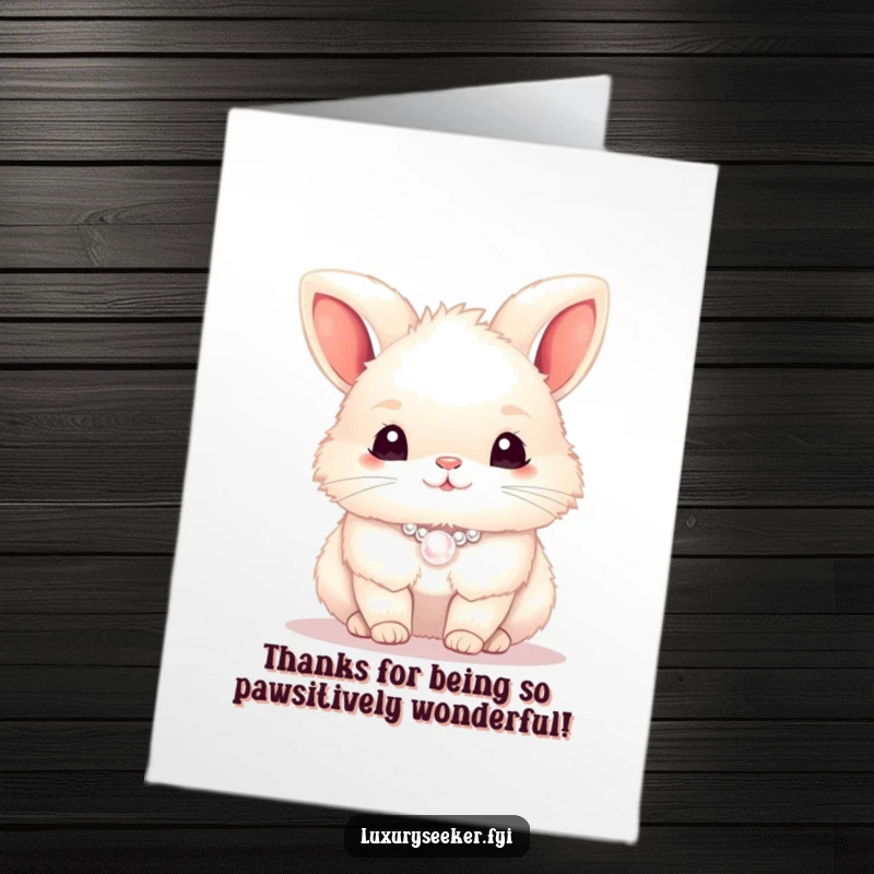 Funny Free Printable Thank You Card featuring a fluffy bunny wearing a fancy pearl necklace, conveying thanks with charm.