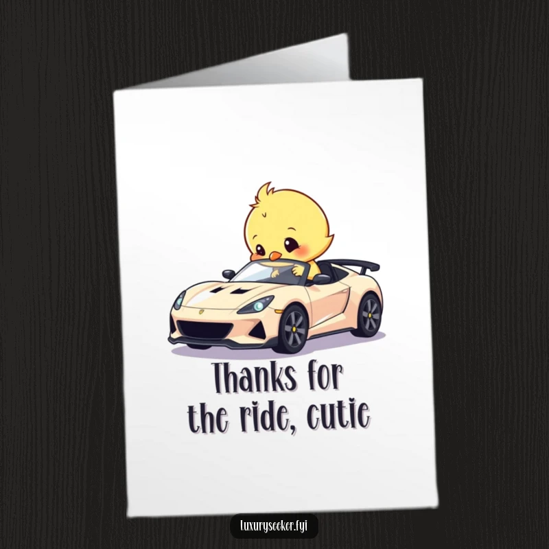 Funny Free Printable Thank You Card: A cheerful chick polishing a miniature sports car, symbolizing meticulous care.