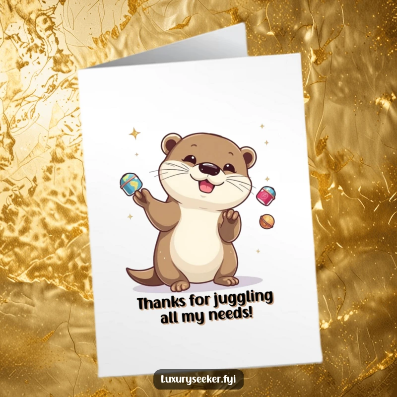 Funny Free Printable Thank You Card featuring a playful otter juggling dazzling objects, expressing thanks with impressive skill.