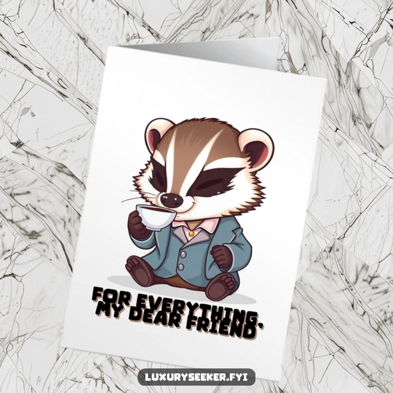 Funny free printable thank you card: A dapper badger politely sips tea, conveying thanks with a humorous touch.