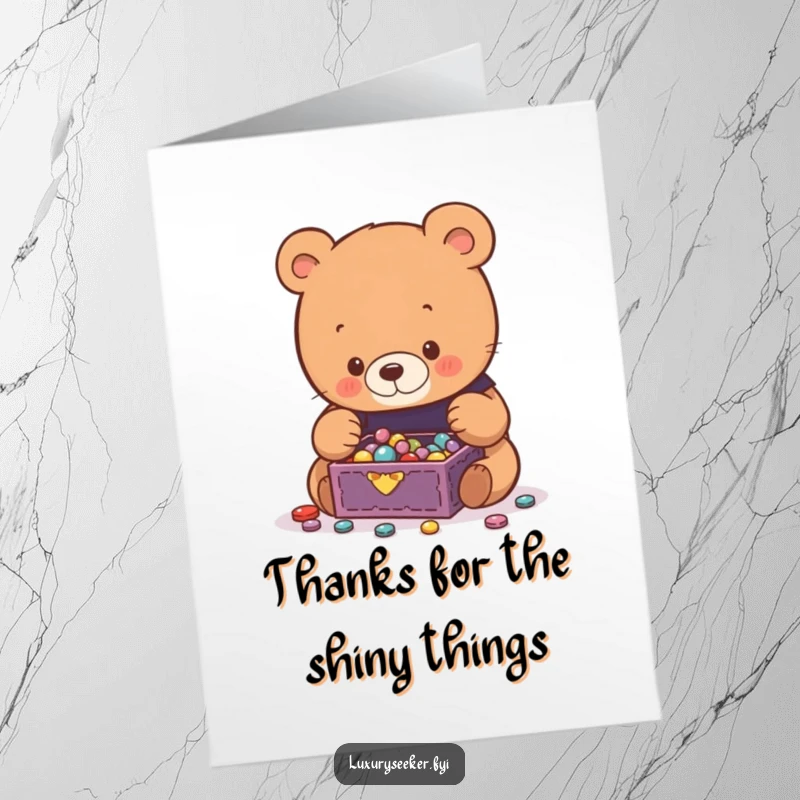 Funny Free Printable Thank You Card: A curious bear marveling at a tiny jewelry box brimming with glittering gems.