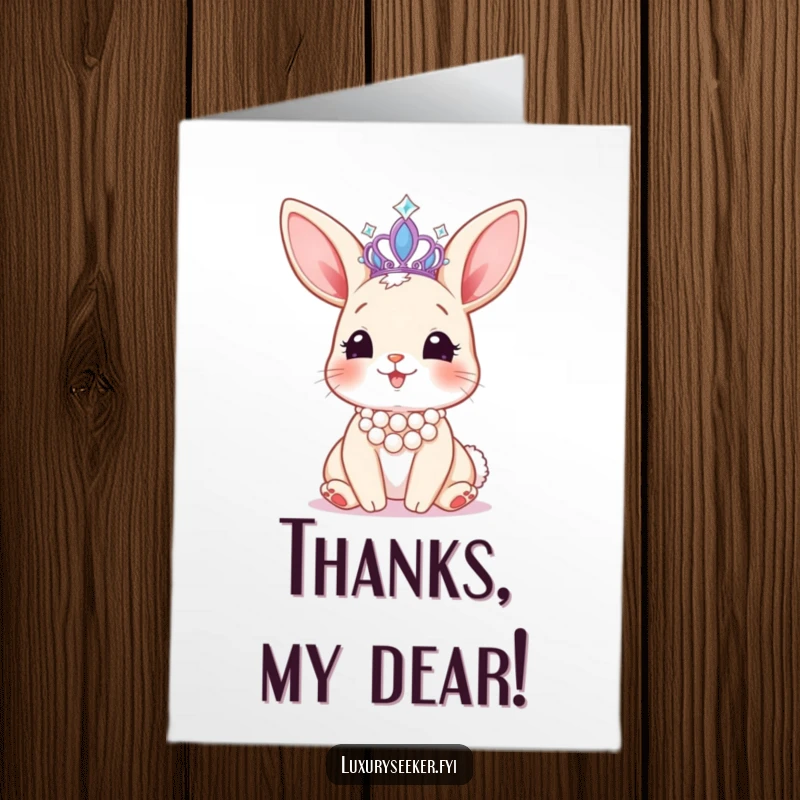 Funny Free Printable Thank You Card: A happy bunny wearing a pearl necklace, admiring a sparkling tiara.