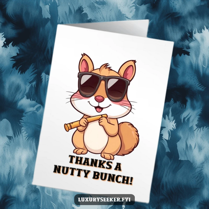 Funny Free Printable Thank You Card: A relaxed squirrel in sunglasses sips from a flute, showing cool appreciation.