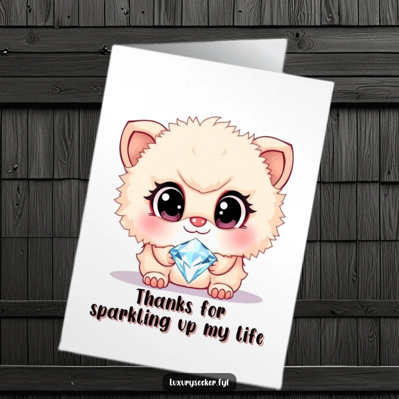 Funny Free Printable Thank You Card: Cute fluffy creature with big eyes admiring a sparkling diamond necklace, a precious thank you.