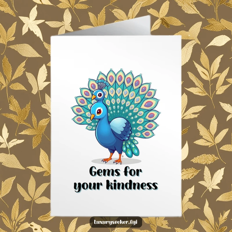 Funny Free Printable Thank You Card: Proud peacock displaying a magnificent tail adorned with tiny gems, expressing heartfelt thanks.