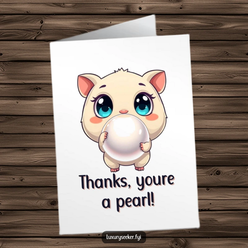 Funny Free Printable Thank You Card: Curious creature pointing at a shimmering oversized pearl, a valuable DIY thank you.