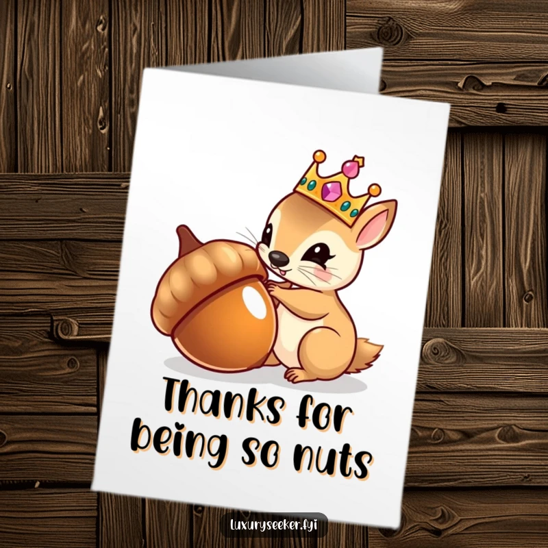 Funny Free Printable Thank You Card: Jeweled-crown squirrel admiring its reflection in an acorn, offering thanks with DIY style.