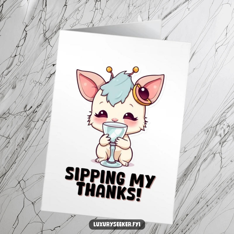 Funny Free Printable Thank You Card: Whimsical creature sporting a cool accessory sips gracefully from a tiny, exquisite crystal goblet.