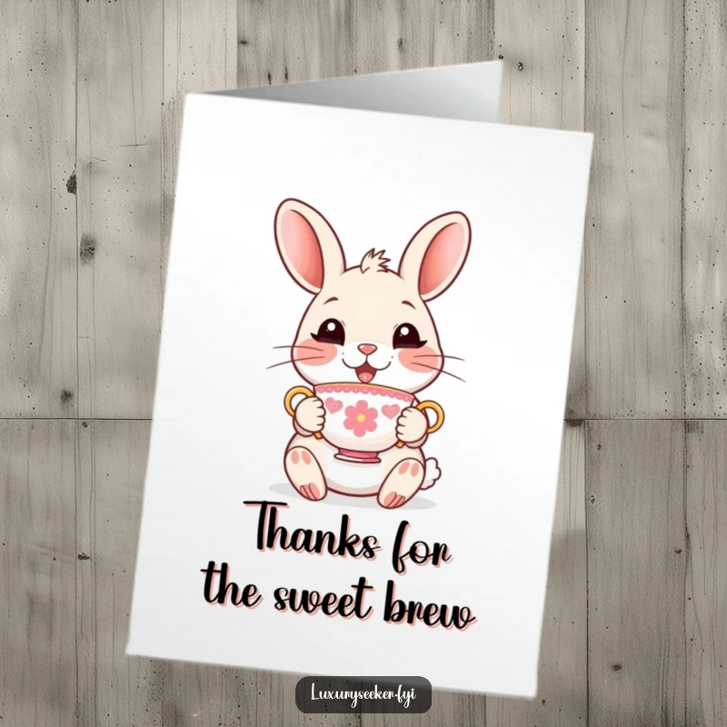 Funny Free Printable Thank You Card: Delighted rabbit holds a tiny, decorative teacup. Downloadable gift.