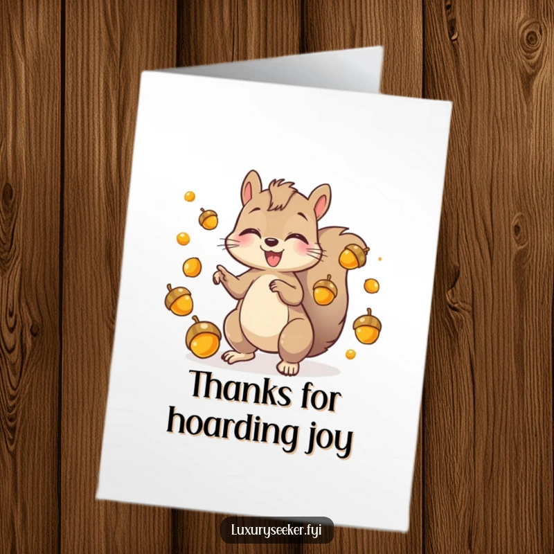 Funny Free Printable Thank You Card: Playful squirrel juggles golden acorns, showing gratitude. Downloadable gift.