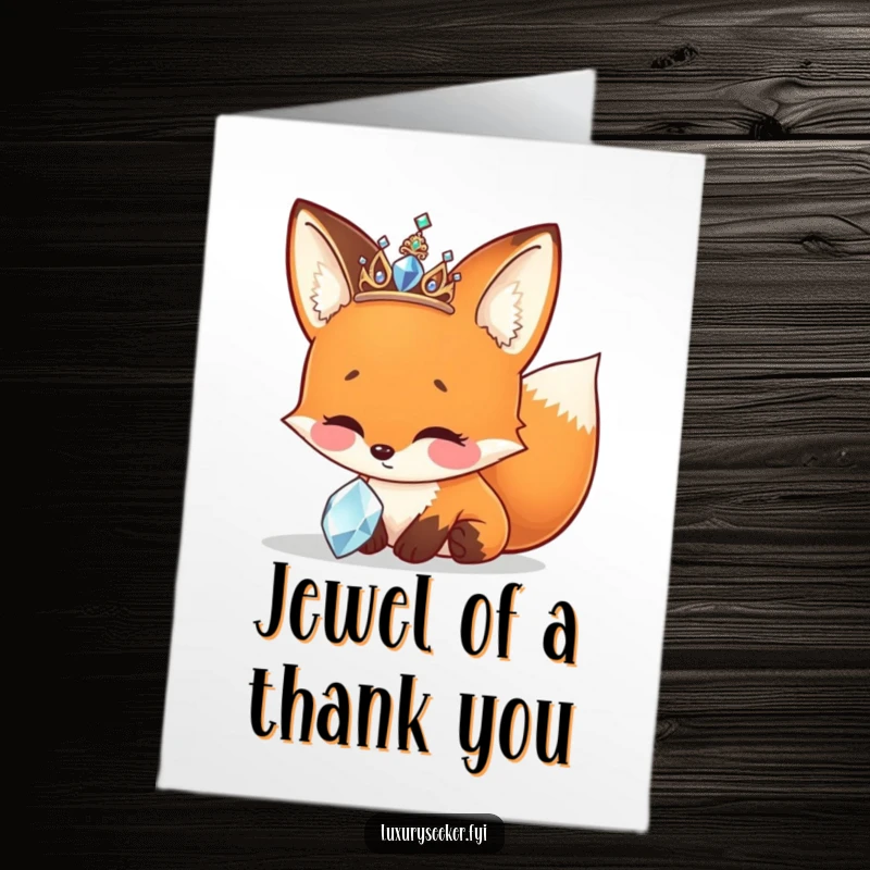 Funny Free Printable Thank You Card: Cheerful fox in a sparkly tiara admires a jewel, expressing thanks with style.