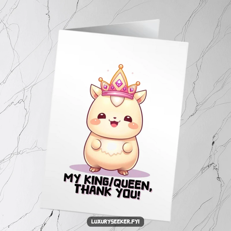 Funny Free Printable Thank You Card: Gleaming creature beaming proudly, admiring a small, yet very sparkly, tiny crown.