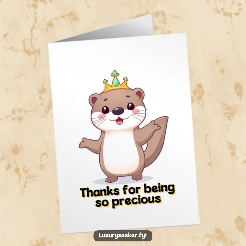 Funny Free Printable Otter Tiara Thank You Card: A playful otter parades with a jeweled tiara, expressing thanks royally.