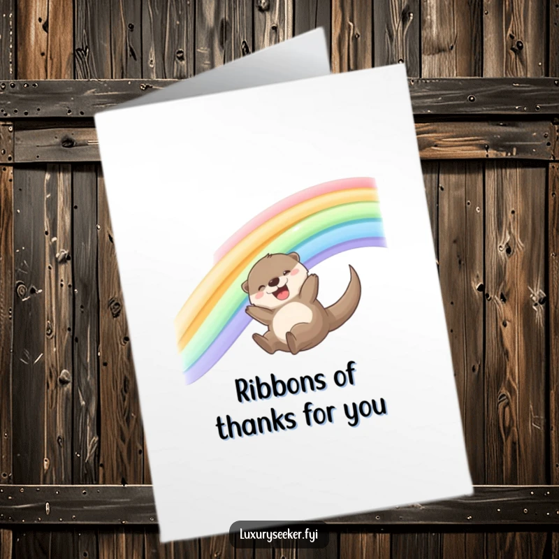 Funny Free Printable Thank You Card: A joyful otter slides down a shimmering rainbow, sending thanks with pure happiness.