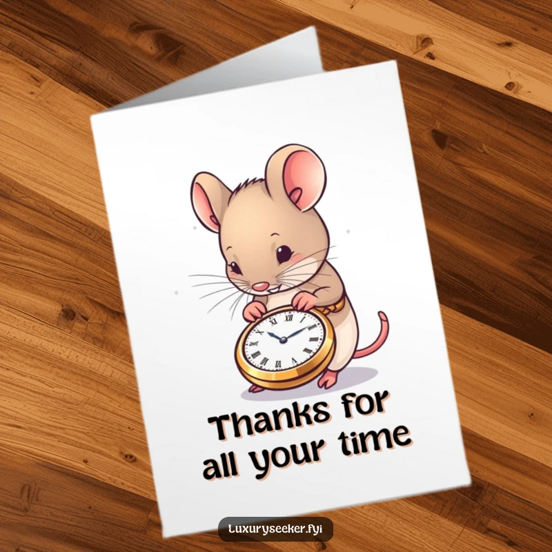 Funny Free Printable Thank You Card: A contented mouse admiring a very tiny, detailed pocket watch, expressing appreciation for time shared.