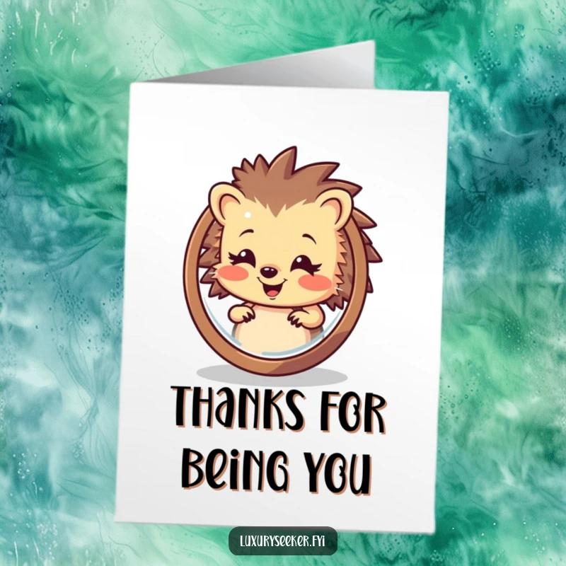 Funny Free Printable Hedgehog Thank You Card: A happy hedgehog admiring his stylish reflection, saying thanks.