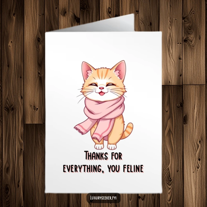 Funny Free Printable Thank You Card: A sophisticated giggling cat wearing a silk scarf expresses heartfelt thanks.