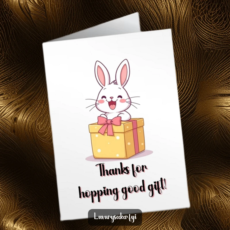 Funny Free Printable Thank You Card: A happy rabbit excitedly unwraps a gift, conveying thanks with pure delight.