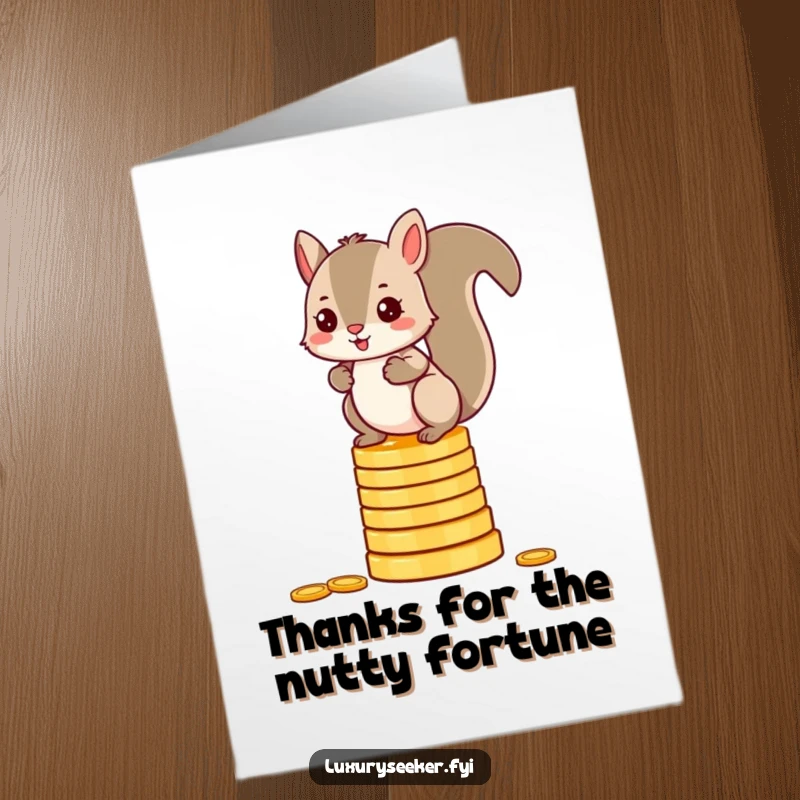 Funny free printable thank you card: a mischievous squirrel balancing coins, conveying thanks with a humorous and golden touch.